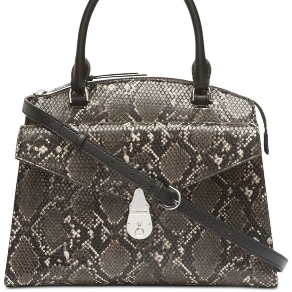 Calvin Klein Lock Black Gray Python Snake Print Leather Satchel Purse Handbag
